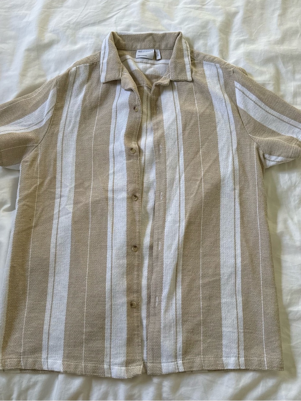 ASOS Men's Short-Sleeve Button-Up Shirt in Beige & White Stripe